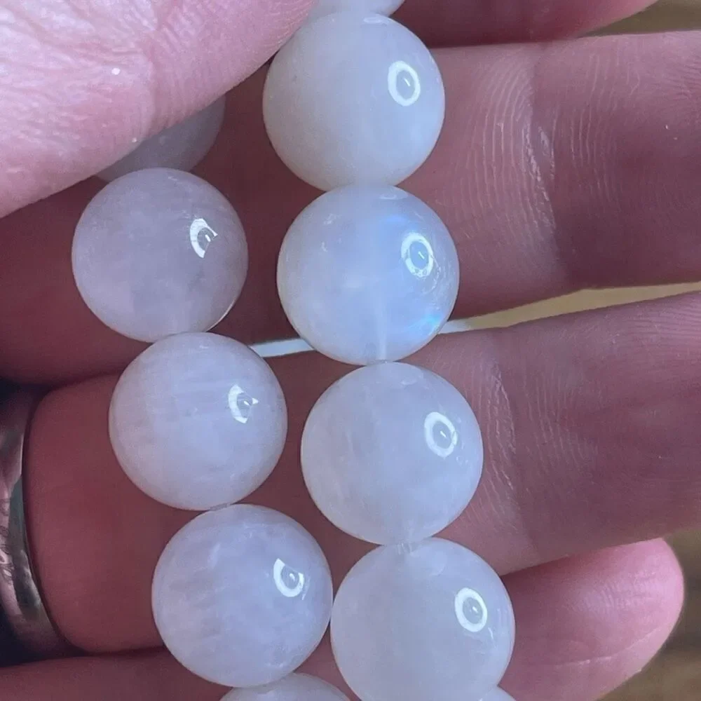 White Moonstone beaded bracelet 7” crystal healing beads 8mm blue flash